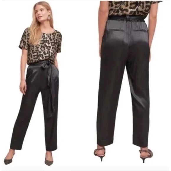ett:twa by Anthropologie Black Satin Tie High Waist Pants Size 12 - Picture 2 of 7